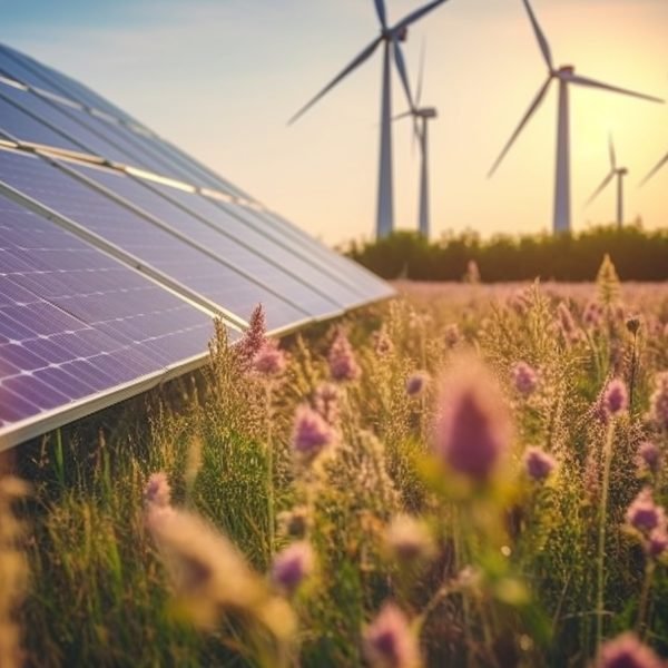 solar panels and wind turbine in a large field, use a Sony α7 III camera with a 85mm lens, use the Midjourney v5.2 with photorealism mode turned on to create an ultra-realistic image